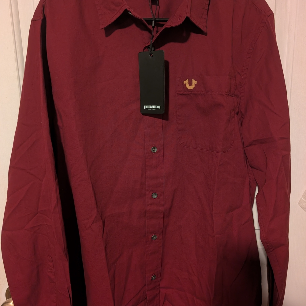 True Religion Men's Burgundy Button Up Long Sleeve Shirt Size Large